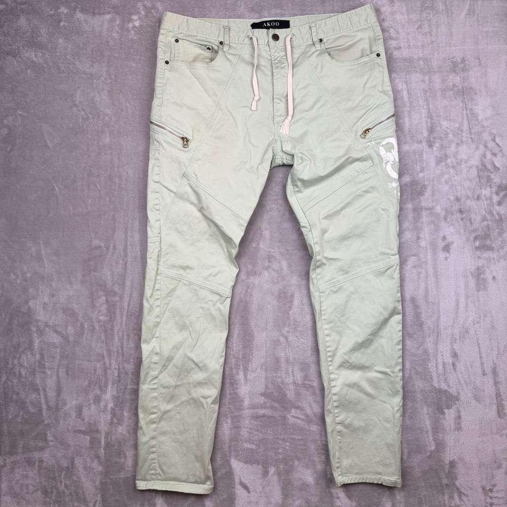 AKOO Mens Moto Pants Mint Green Graphic Streetwear Tapered Pants Size 38